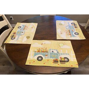 Teal Truck Floral Placemats Set of 3 Cottage 13x17.5 Celebrate Spring Together